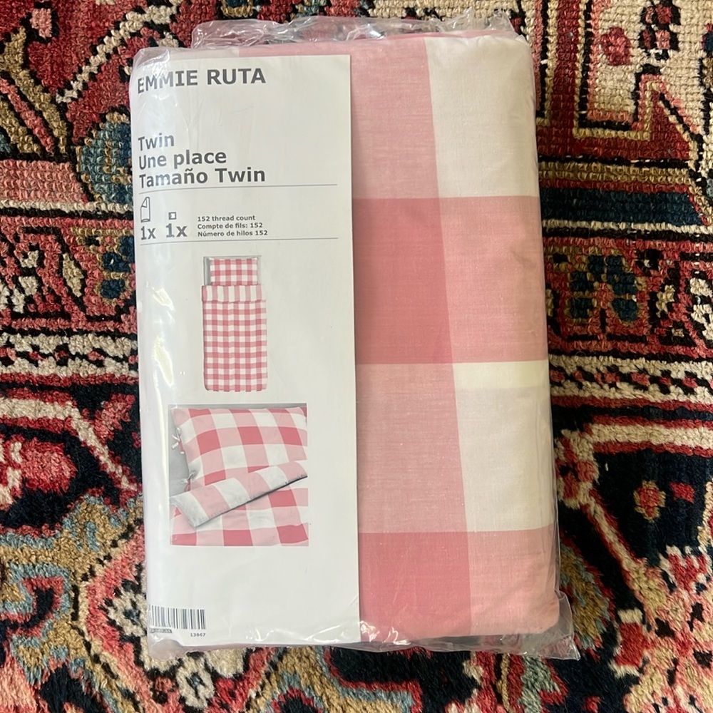 New EMMIE RUTA Twin Duvet Cover with Pillowcase Pink Buffalo Check Tie Closure
